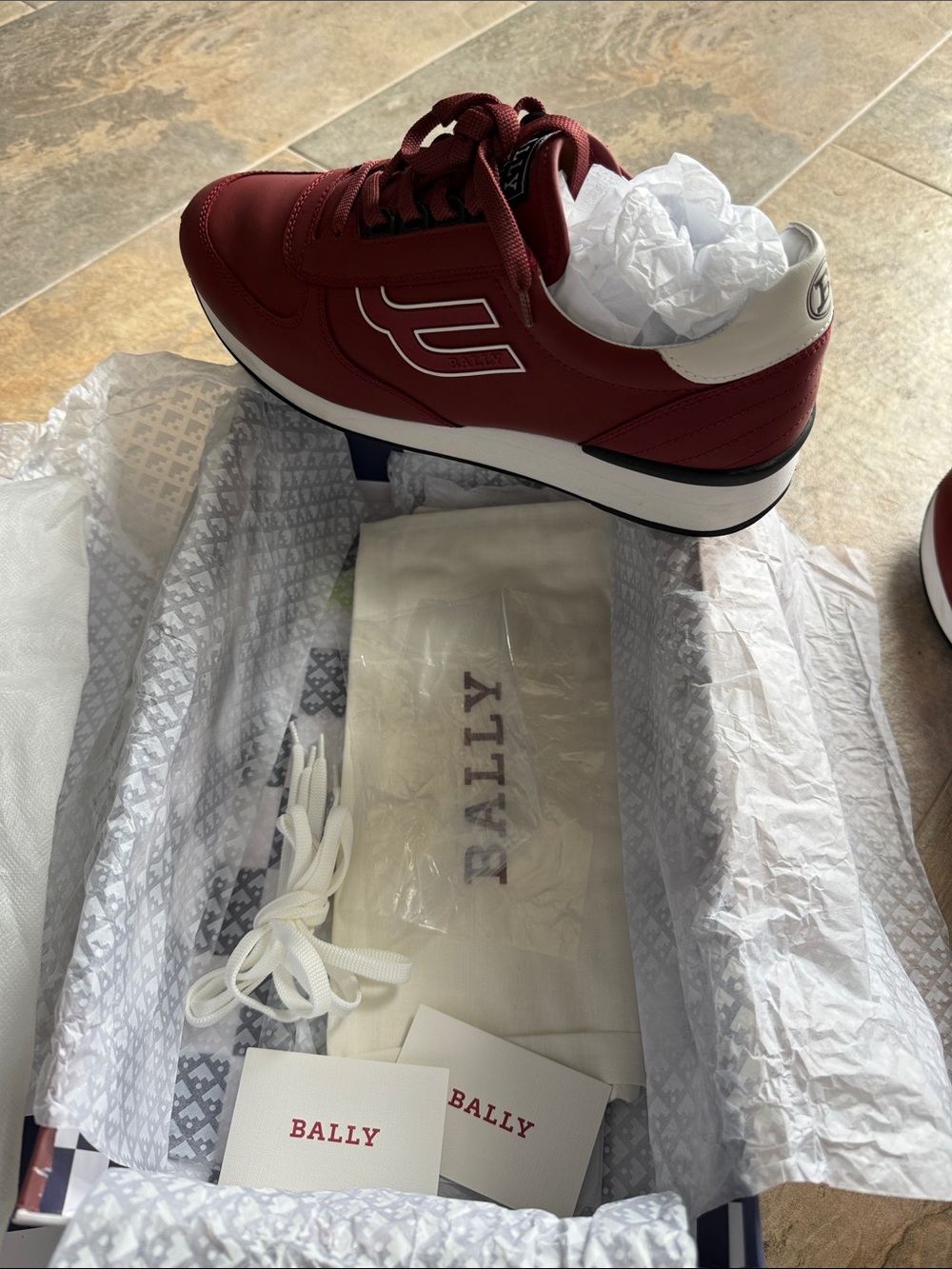 Bally Men’s Red Leather Lace-Up Sneaker with White Heel
